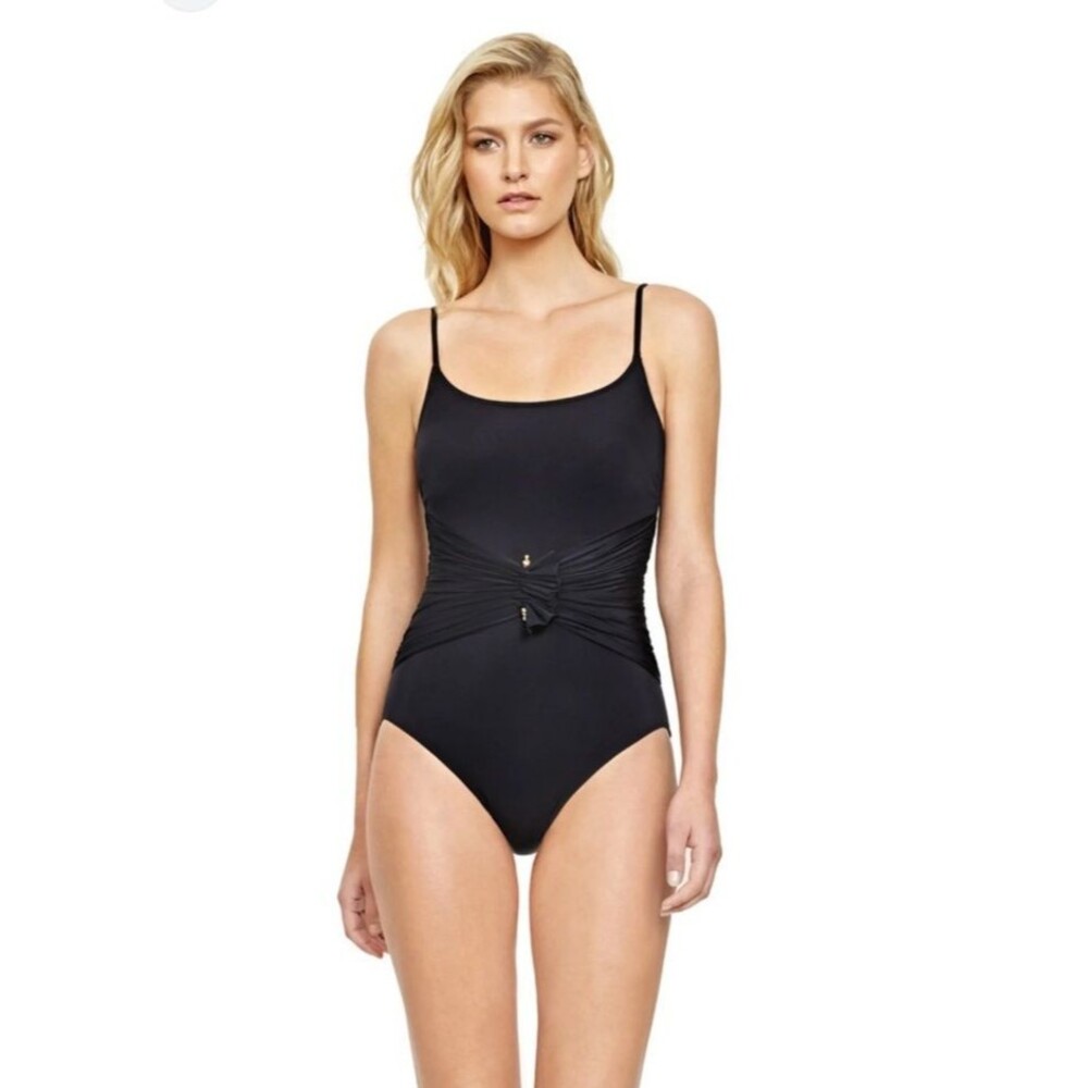 Gottex Grace Kelly Black Gold One-Piece Swimsuit Sz 10 Wrap Front Adjustable Str